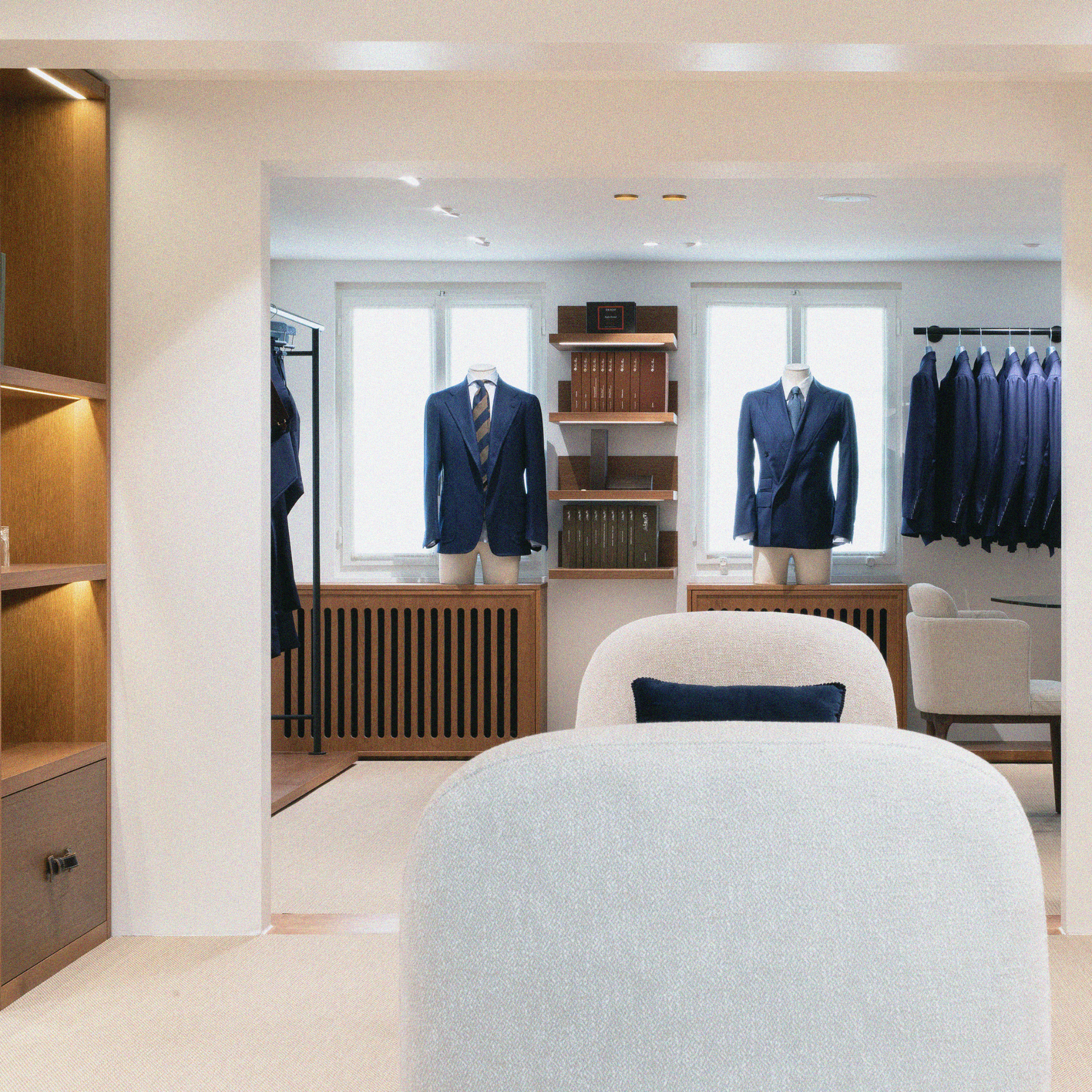 Interior of Amarcord boutique with Italian tailored garments