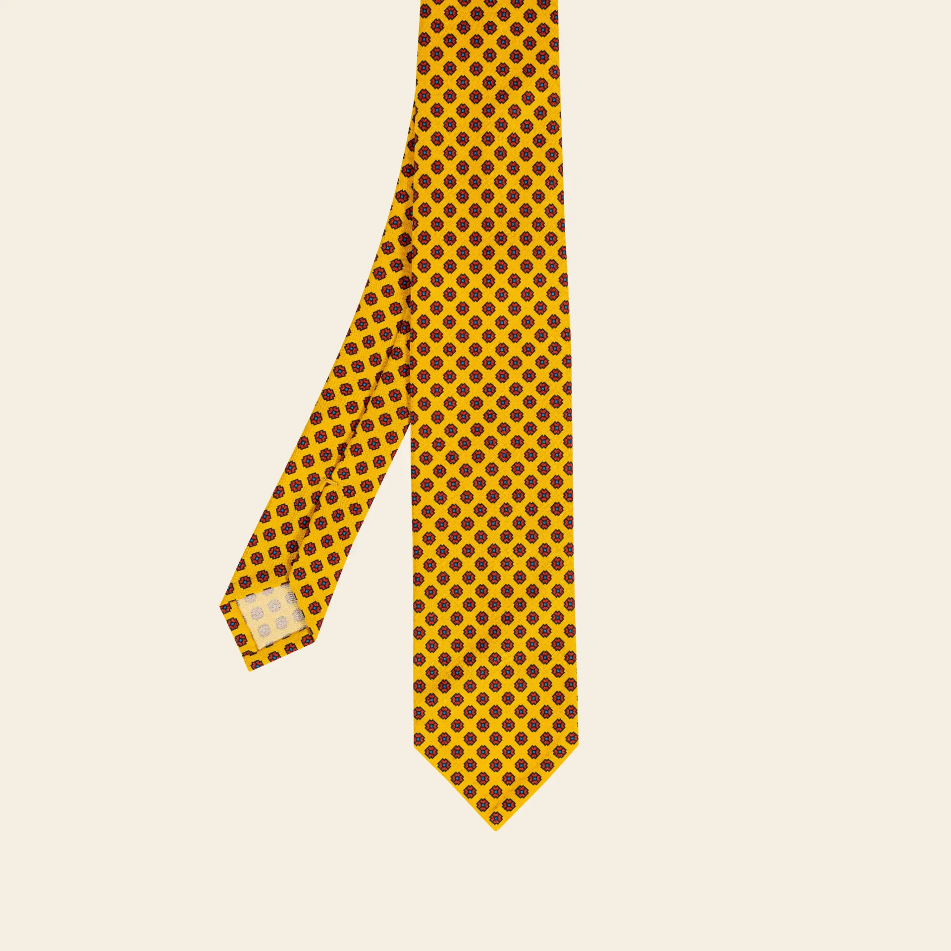 Squared Flower Printed Vintage Silk Tie Yellow